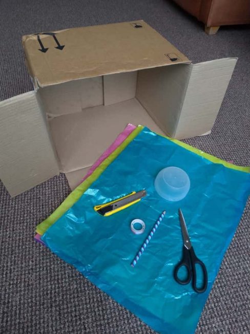 Supplies needed for your DIY what's in the box guessing game.